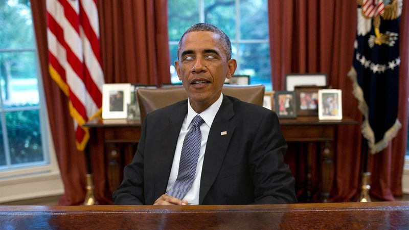 President Obama suddenly locks into a connection with a Hellfire missile–armed UAV during a meet-and-greet with small-business leaders in the Oval Office.